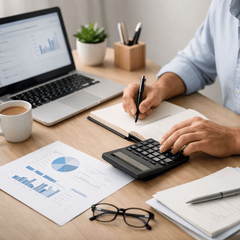 Freelancer calculating an hourly rate on a laptop with income, expenses, and time tracking notes