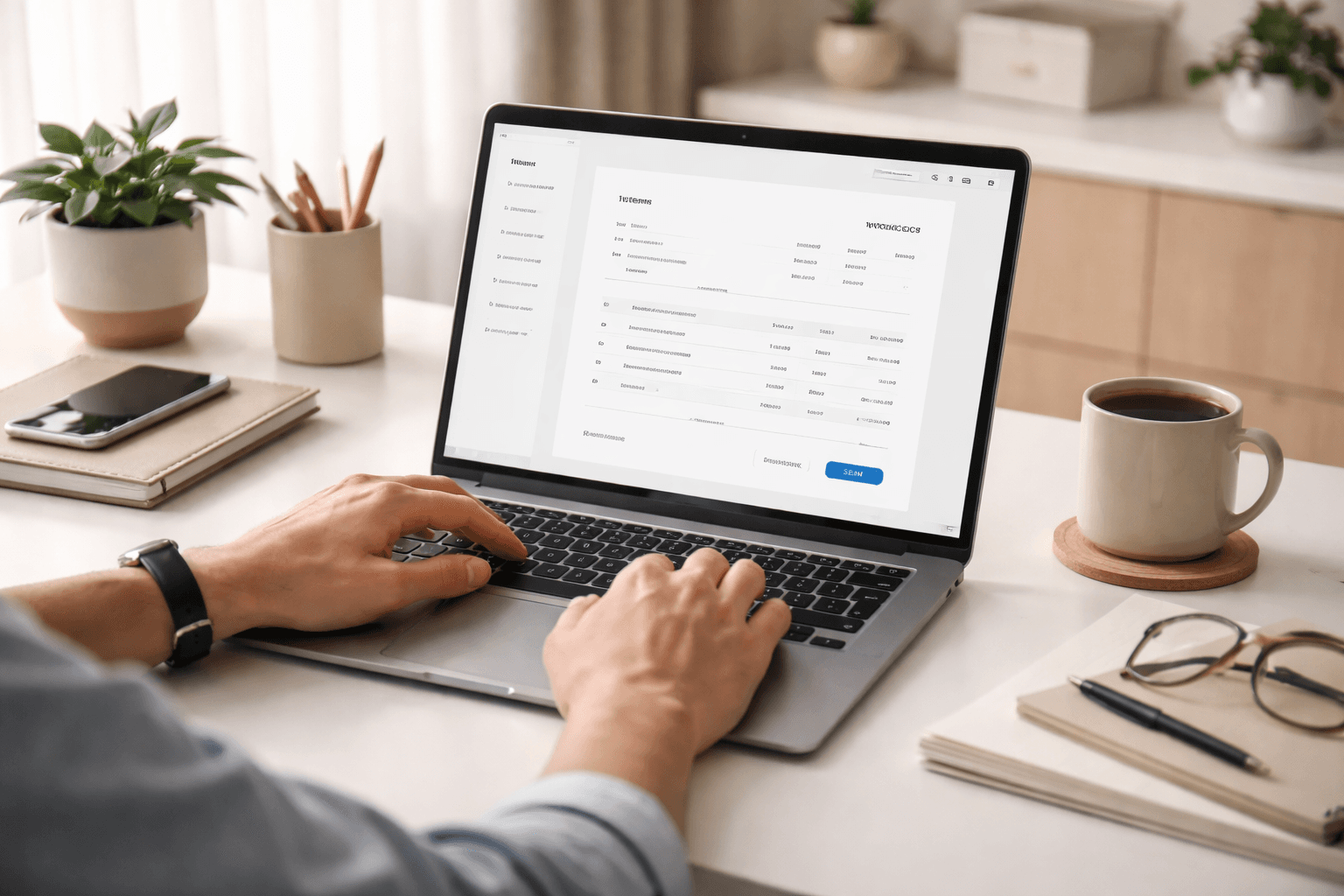 Freelancer creating invoice online on laptop