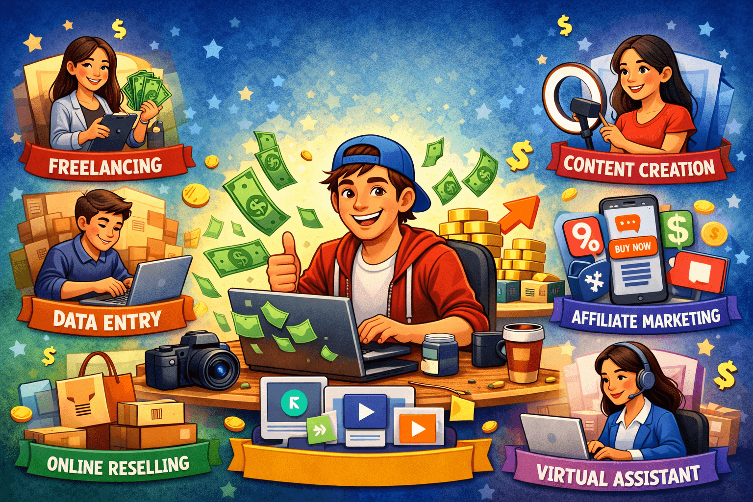 Student working on laptop earning money through side hustles